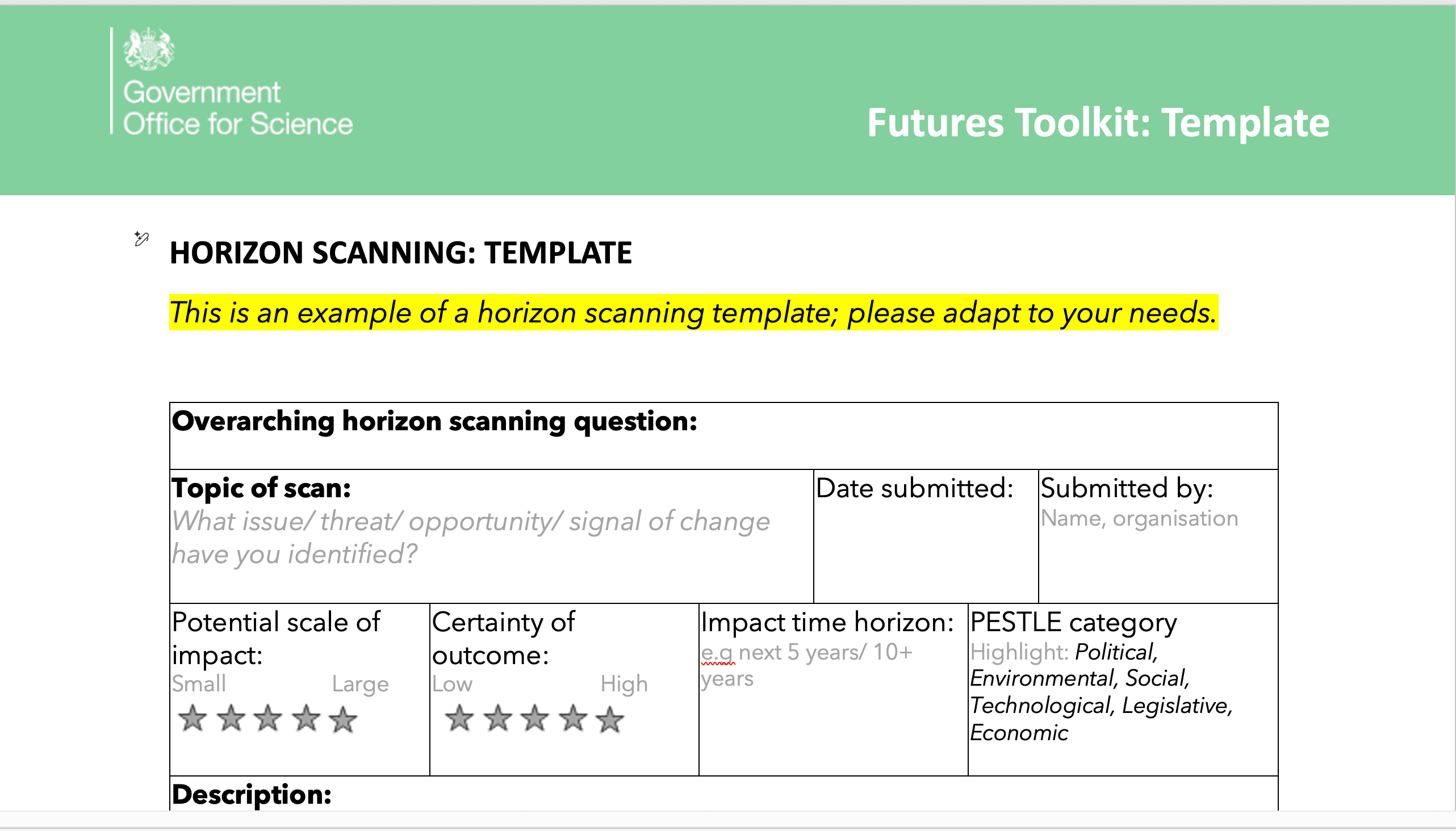 Horizon Scanning Template Vorlage UK Government
