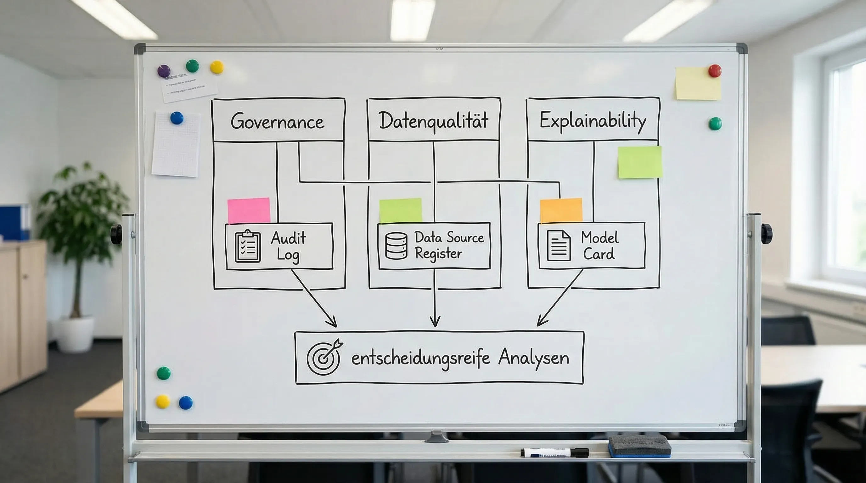 Diagramm mit drei Säulen „Governance“, „Datenqualität“ und „Explainability“, darunter typische Artefakte wie Model Card, Data Source Register und Audit Log, verbunden mit dem Ziel „entscheidungsreife Analysen“.