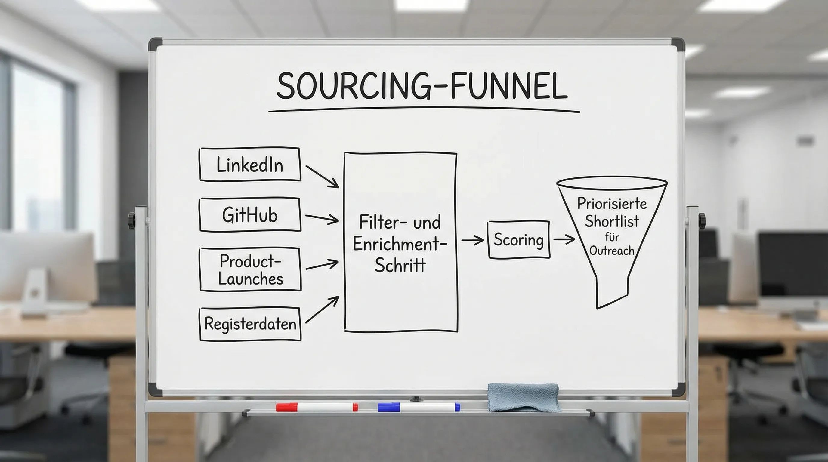 Diagramm eines Sourcing-Funnels: verschiedene Datenquellen (LinkedIn, GitHub, Product-Launches, Registerdaten) fließen in einen Filter- und Enrichment-Schritt, dann in Scoring und schließlich in eine priorisierte Shortlist für Outreach