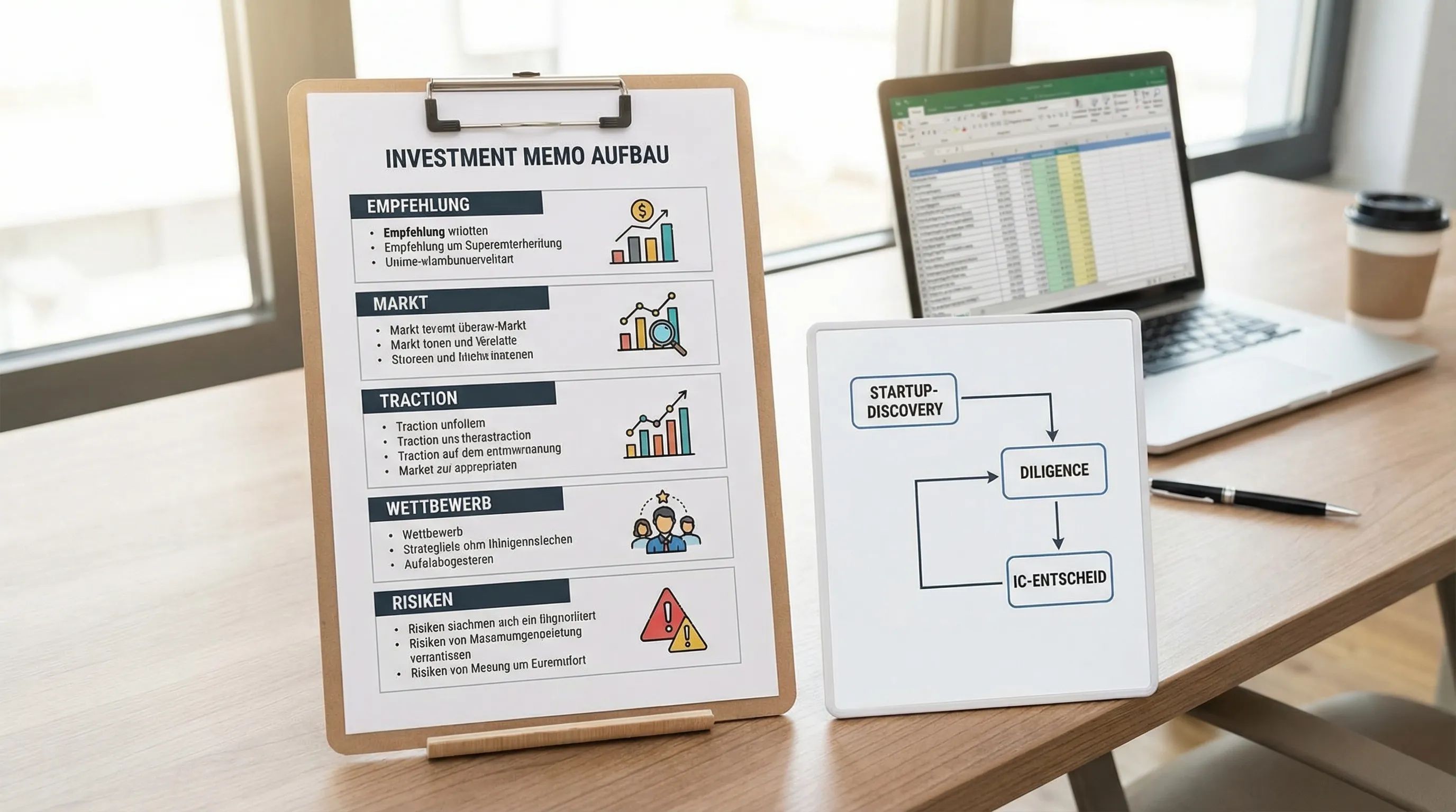 Illustration eines Investment-Memo-Aufbaus als übersichtliches Dokument mit Abschnitten wie Empfehlung, Markt, Traction, Wettbewerb und Risiken, daneben ein Workflow von Startup-Discovery zu Diligence und IC-Entscheid.