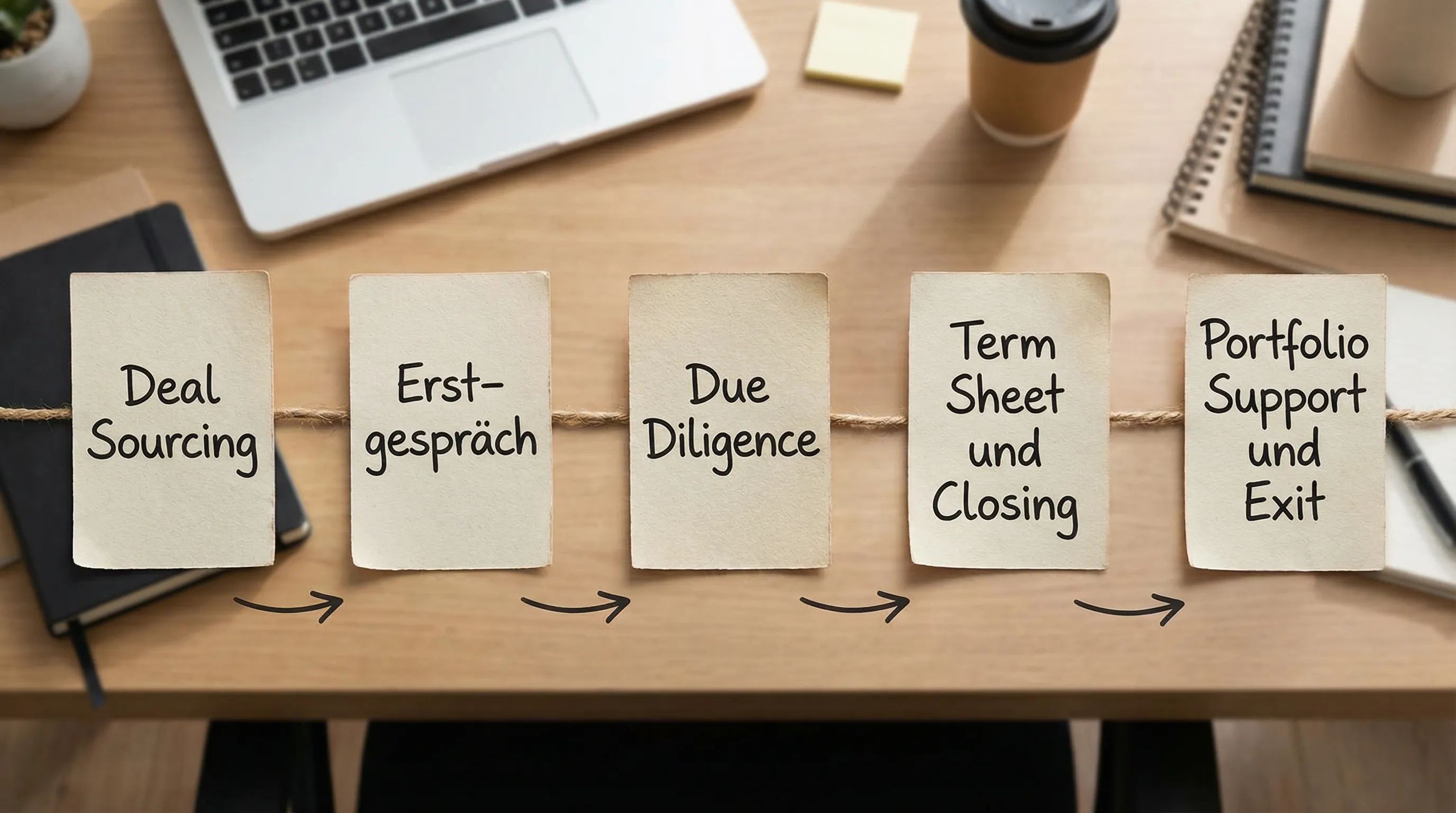 Ein einfaches Flussdiagramm mit fünf Stationen: Deal Sourcing, Erstgespräch, Due Diligence, Term Sheet und Closing, Portfolio Support und Exit.